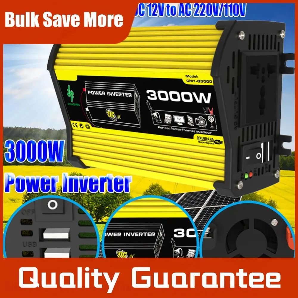 

Автомобильный инвертор 3000 Вт, DC 12В в AC 110/220В, с двумя USB-портами, модифицированная синусоида, портативный преобразователь питания для планшетов и автофургонов