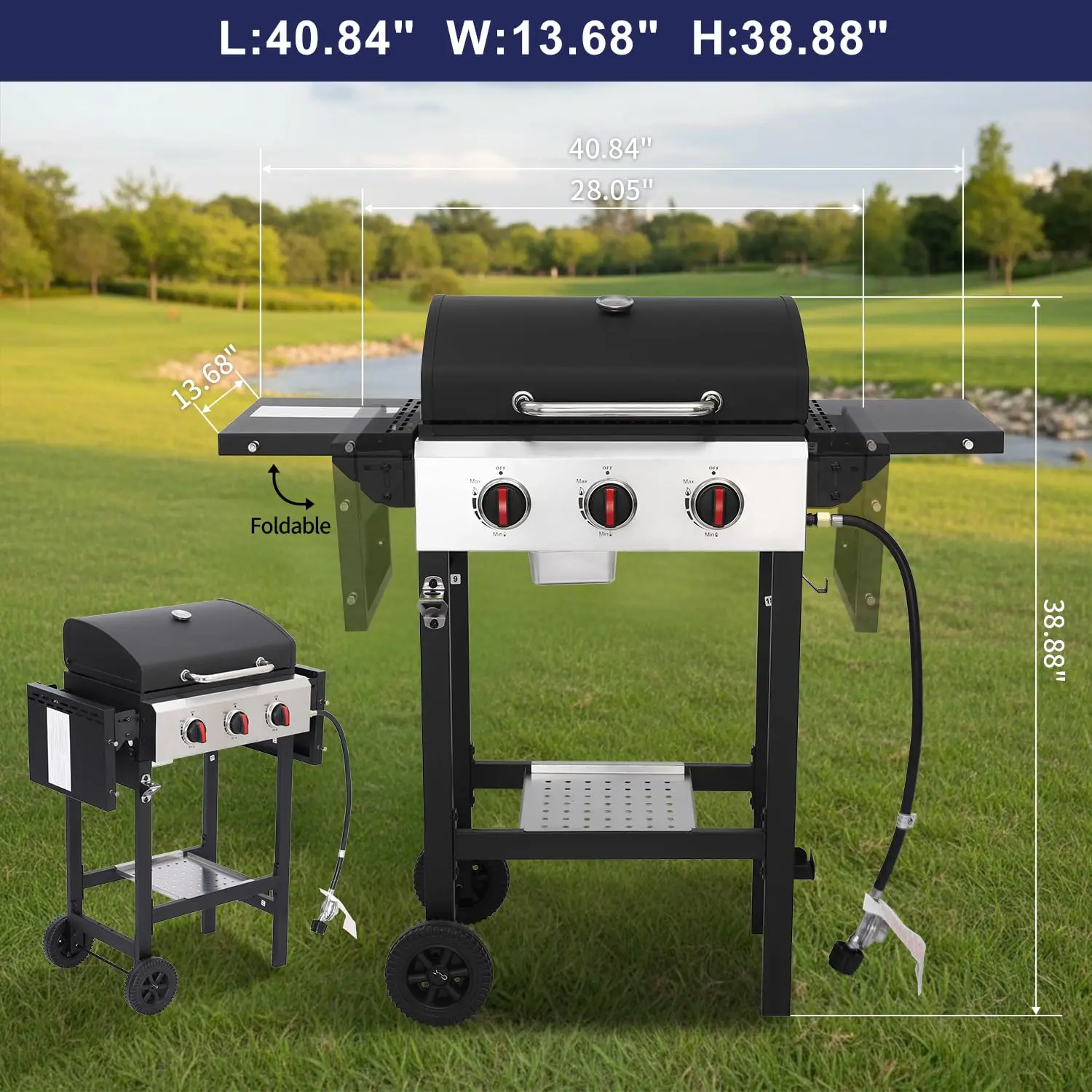 3-Burner Propane Gas Grill with Cast Iron Grate, 30,000 BTU Output & 252 Sq. Inch Cooking Space, Easy-Clean System, Customized
