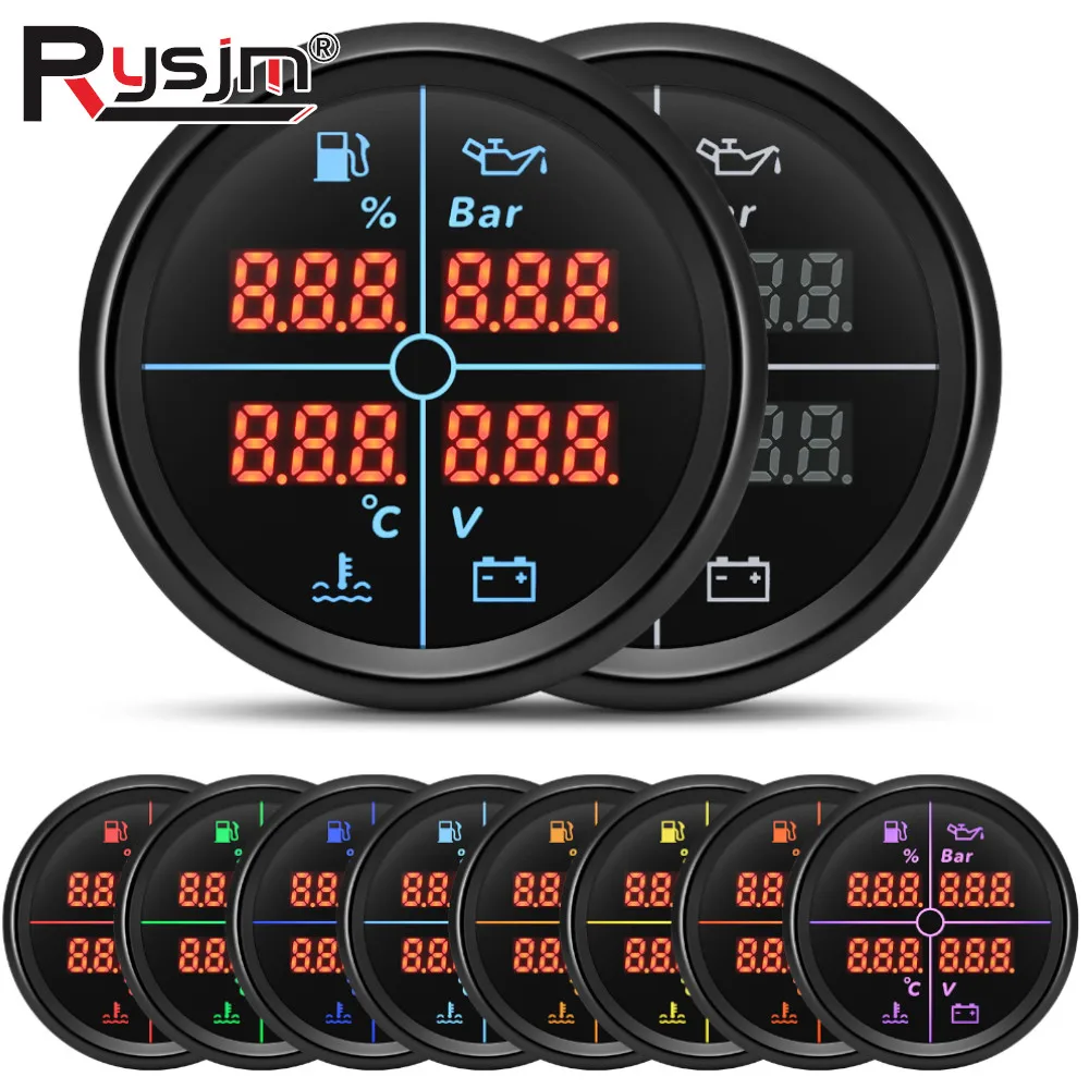 

8 Color Backlight 52mm 4 in 1 Multifunction Gauge Digital Gauge 0-190ohm Fuel Level Gauge+Water Temp+Oil Pressure+Voltmeter Car