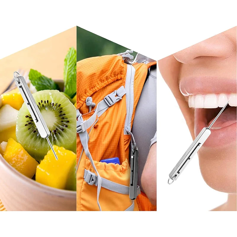 1pc Portable Titanium Spring Toothpicks Metal Pocket Push-pull Toothpick Key Pendant for Outdoor Picnic Camping