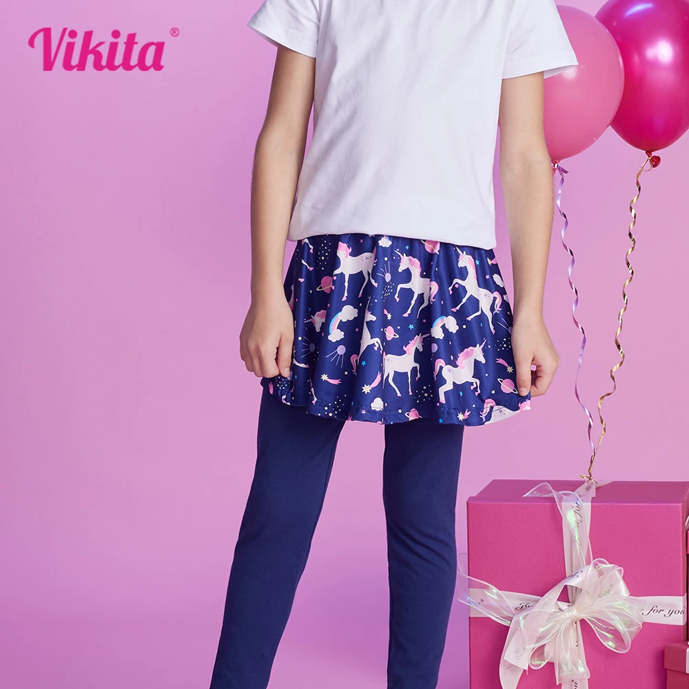 

VIKITA Girls Licorne Print Pantskirt Kids Cotton Ruffles Skirts and Navy Pencil Pants Trousers Girls Fake 2 Pcs Skinny Leggings