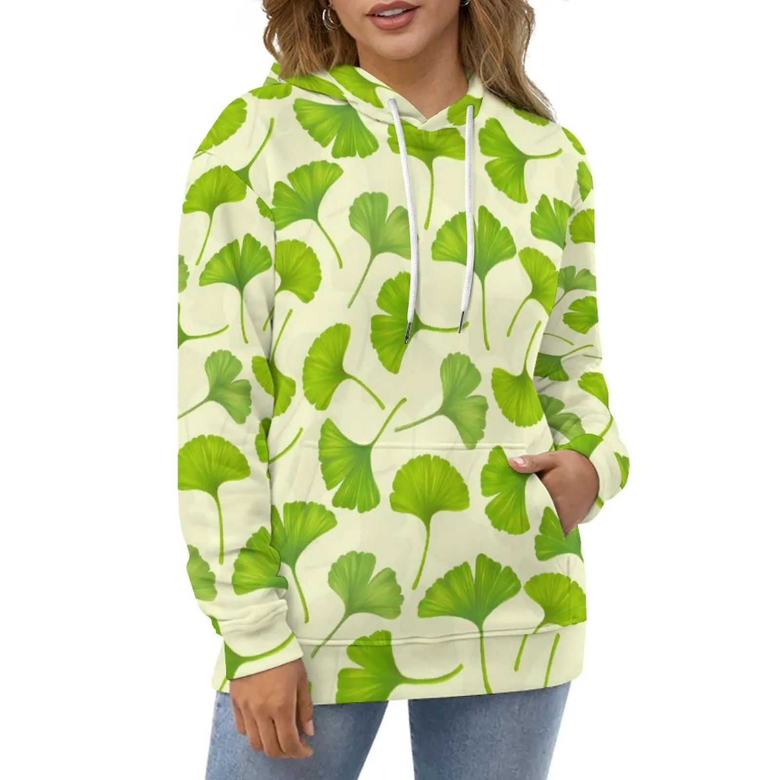 Ginko Biloba Casual Hoodies Green Leaves Print Y2k Hoodie Ladies Long Sleeve Classic Graphic Loose Oversized Hooded Sweatshirts