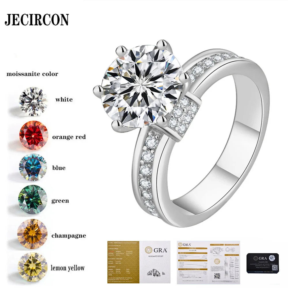 

JECIRCON S925 Sterling Silver Colorfull Moissanite Ring 5 Carat 6-Claw High-end Crown Genuine European and American Wedding Ring