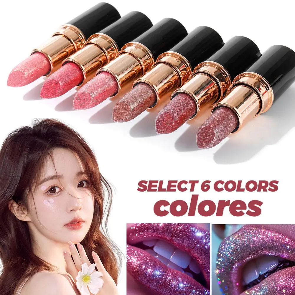 Rouge à lèvres à paillettes, 6 couleurs, imperméable, longue durée, diamant, Sexy, nacré, brillant à lèvres, hydratant, O0G3