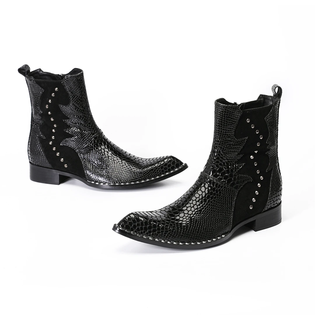 fashion black rivets pointed toe genuine leather men party ankle boots big size male nightclub dress shoe formal motorcycle boot