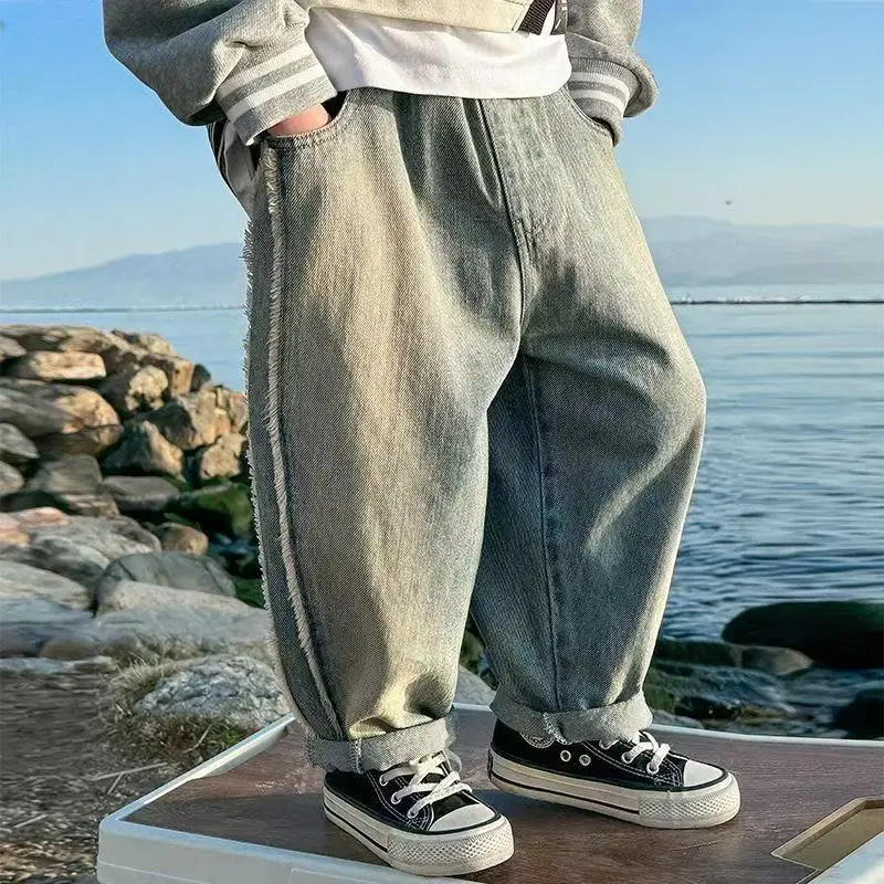 

Новые весенние прямые джинсы-брюки для мальчиков, повседневные, с эластичным поясом, в корейском стиле, детская уличная одежда