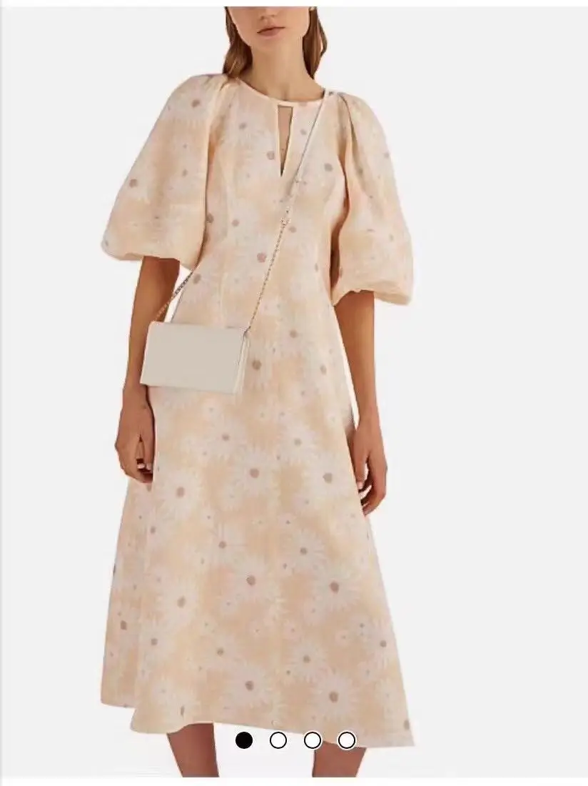 

2024 Summer Fashion Women's Edition Linen Daisy Printed Lantern Bubble Sleeve Long Dress