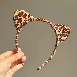 Diadema de felpa con orejas de gato, aros para el pelo con estampado de leopardo Vintage, accesorios bonitos para festivales, cinta para el pelo, a la moda