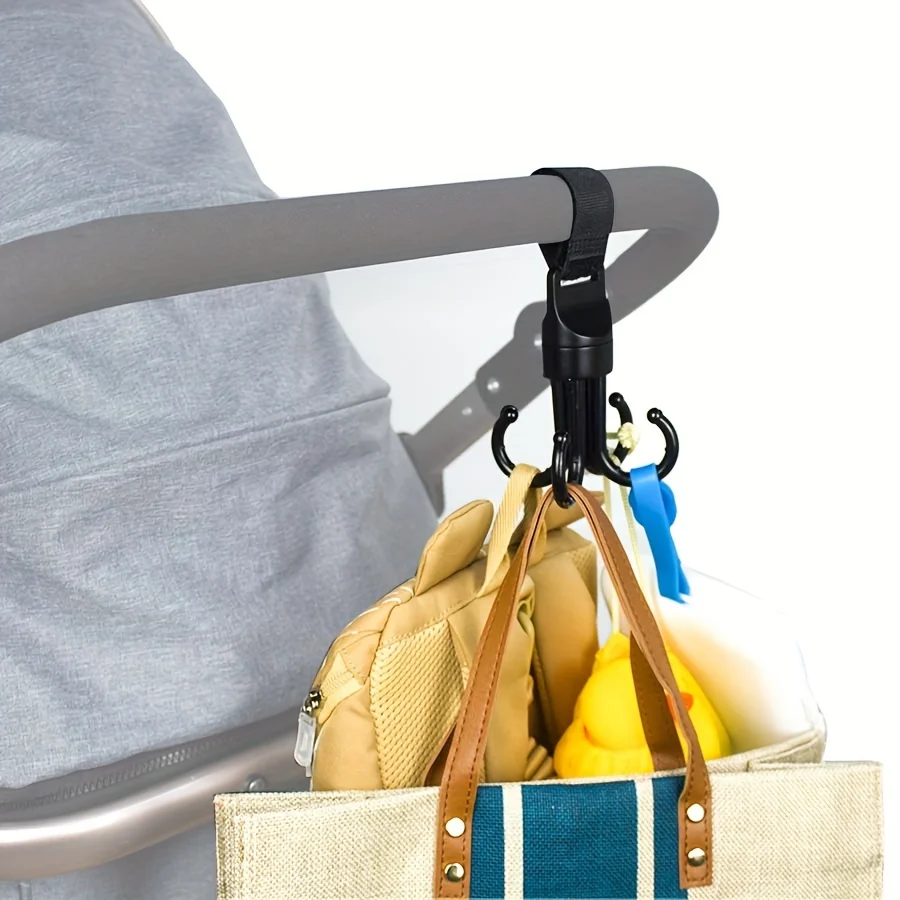 

270° Rotatable Stroller Hooks 4 Strong Hooks 15KG Max Adjustable Strap Universal for Baby Pram Car Organizer Bag Hanger