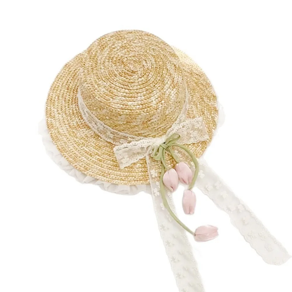

Elegant Lightweight Straw Hat Flower Decoration Lace Bow Wide Brim Hat Woven Straw Breathable Tulip Hat Sun Protection