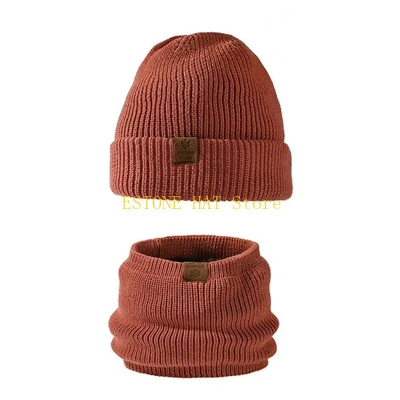49MF Double Layered Knitted Hat With Neck Gaiter Set Winter Windproof Warm Caps Thick Liner Pullover Hat For Outdoor Activity