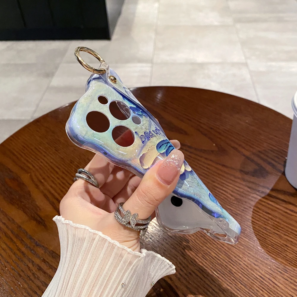 Luxury Laser Painting Bluterfly Wrist Strap Phone Case For Iphone 11 12 13 14 15 Pro Max 16 Plus Shockproof Hand Band Soft Cover