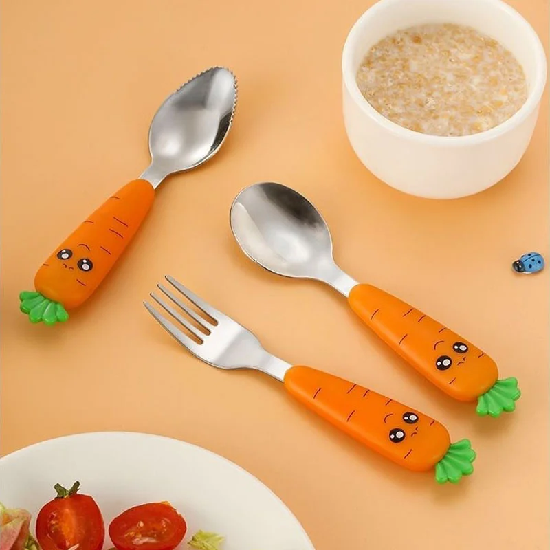 Baby Feeding Utensils Carrot Shape Toddler Safe Stainless Steel Spoons and Forks Anti-Choke Children's Cutlery Set Baby Stuffs