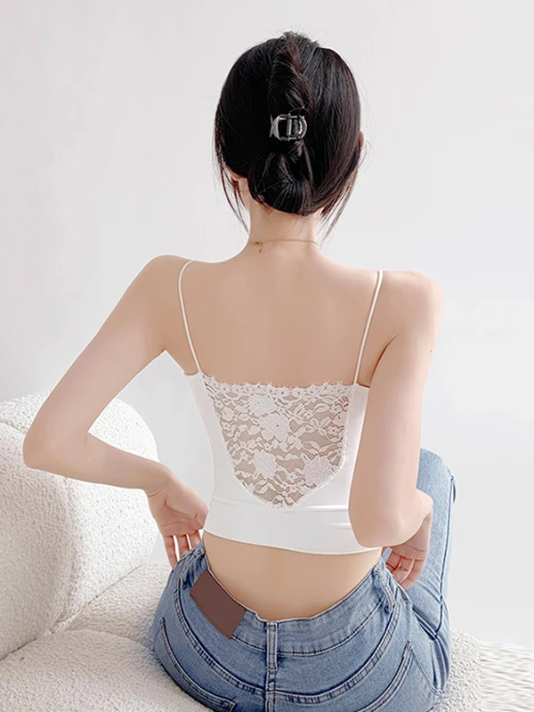 Lace Backless Hollow out Women's Tank Top with Chest Pad Beautiful Back Bra Integrated Base Layer Hanging Neck Shirt