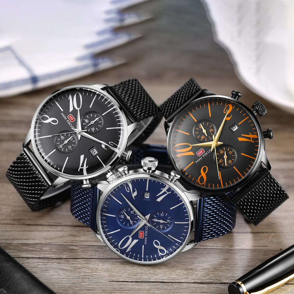 

MINI FOCUS Chronograph Quartz Watches for Men Fashion Sport Wristwatch with Auto Date 24-hour Indicator Black Steel Strap