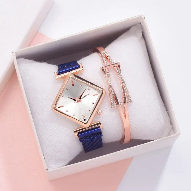 2pcs Set Women Watches Ladies Square Bracelet 2024 Minimalist Alloy Strap Quartz Watch Small Dial Temperament Noble Wristwatches