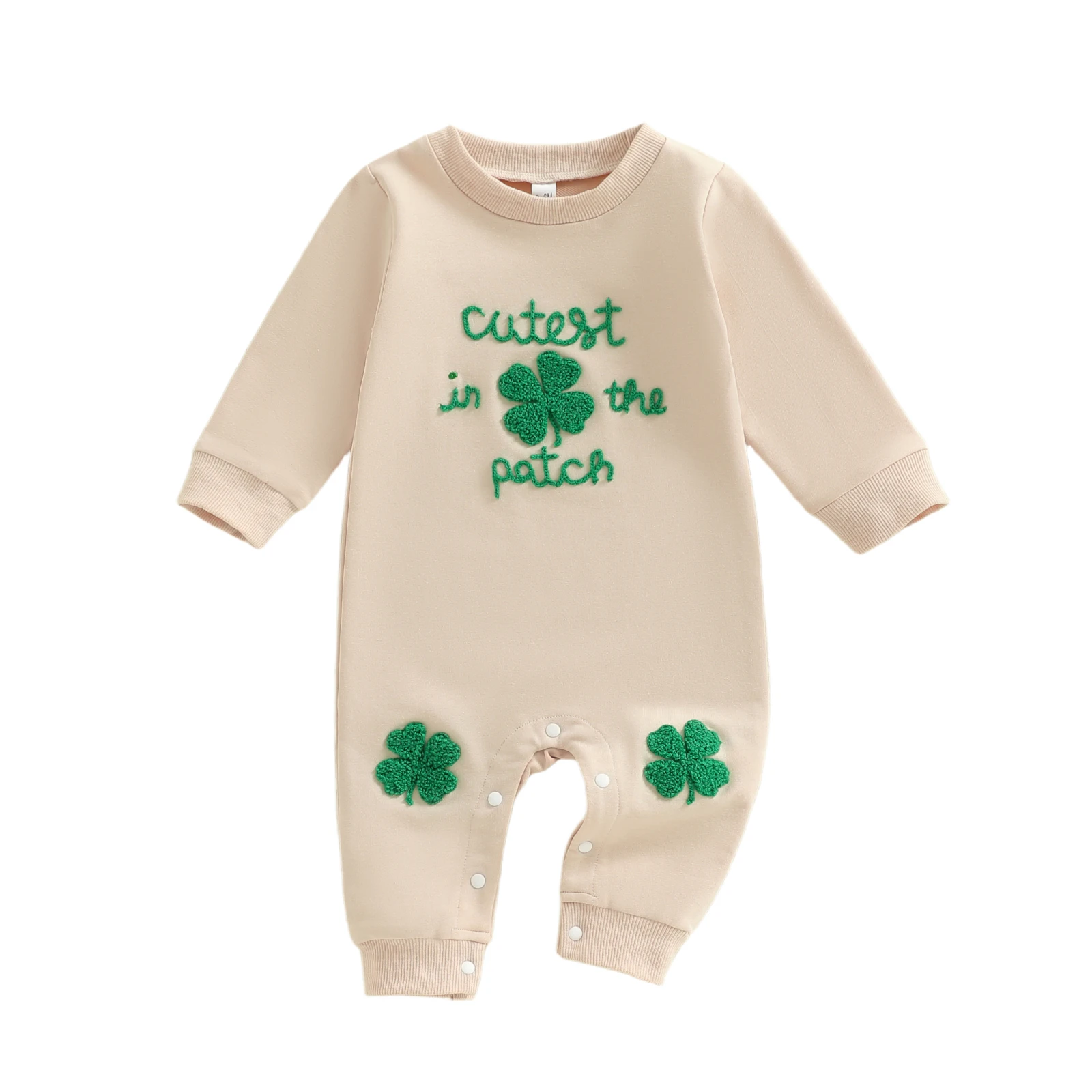 Baby Girls Boy Irish Romper Four-Leaf Clover Letter Embroidery Long Sleeve Round Neck Jumpsuit