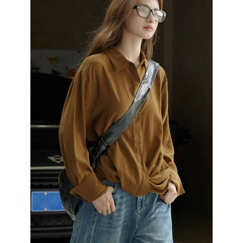 

Irregular Blouses Knot Coffee Shirts Women Milky White Early Autumn Loose Thin Blouses Casual Tops Thin Design Sense Silhouette