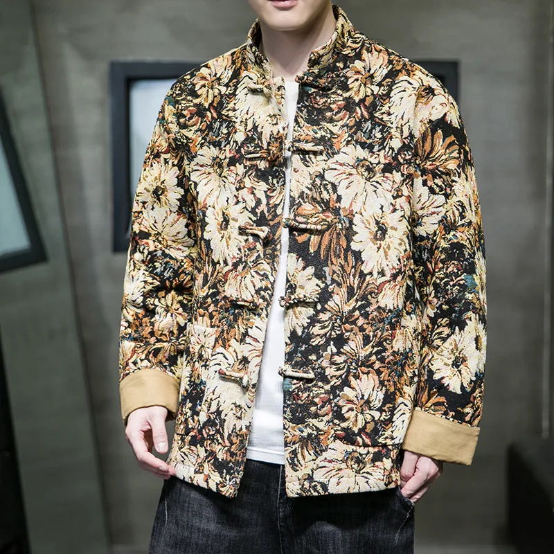 

Men's Spring Autumn Large Size Retro Hanfu Jaet with Embroidery Long Sve Stand Collar Tang Costume Outerwear Button Detail