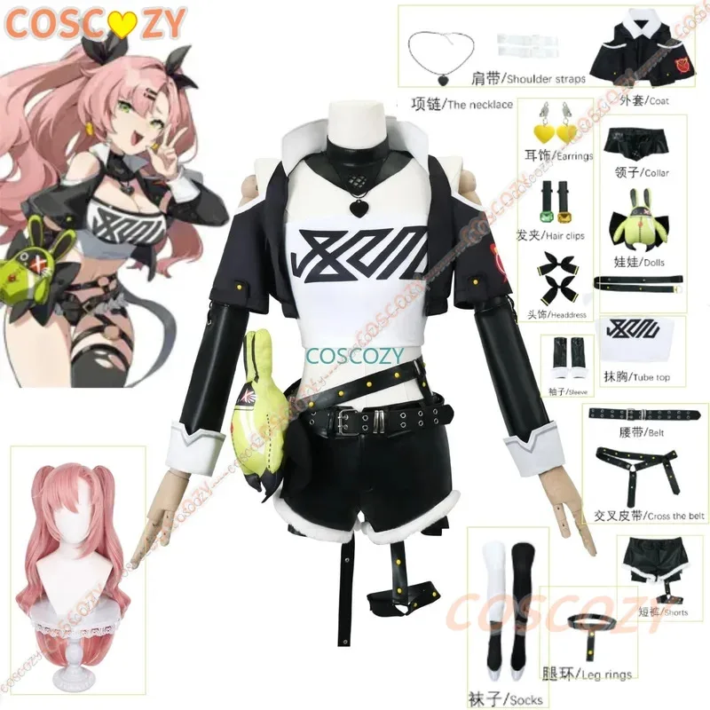 qq681Zenless Zone Zero Nicole Demara Cosplay disfraz calcetines horquillas pendientes collar peluca rosa uniforme Sexy Halloween niñas Cosp
