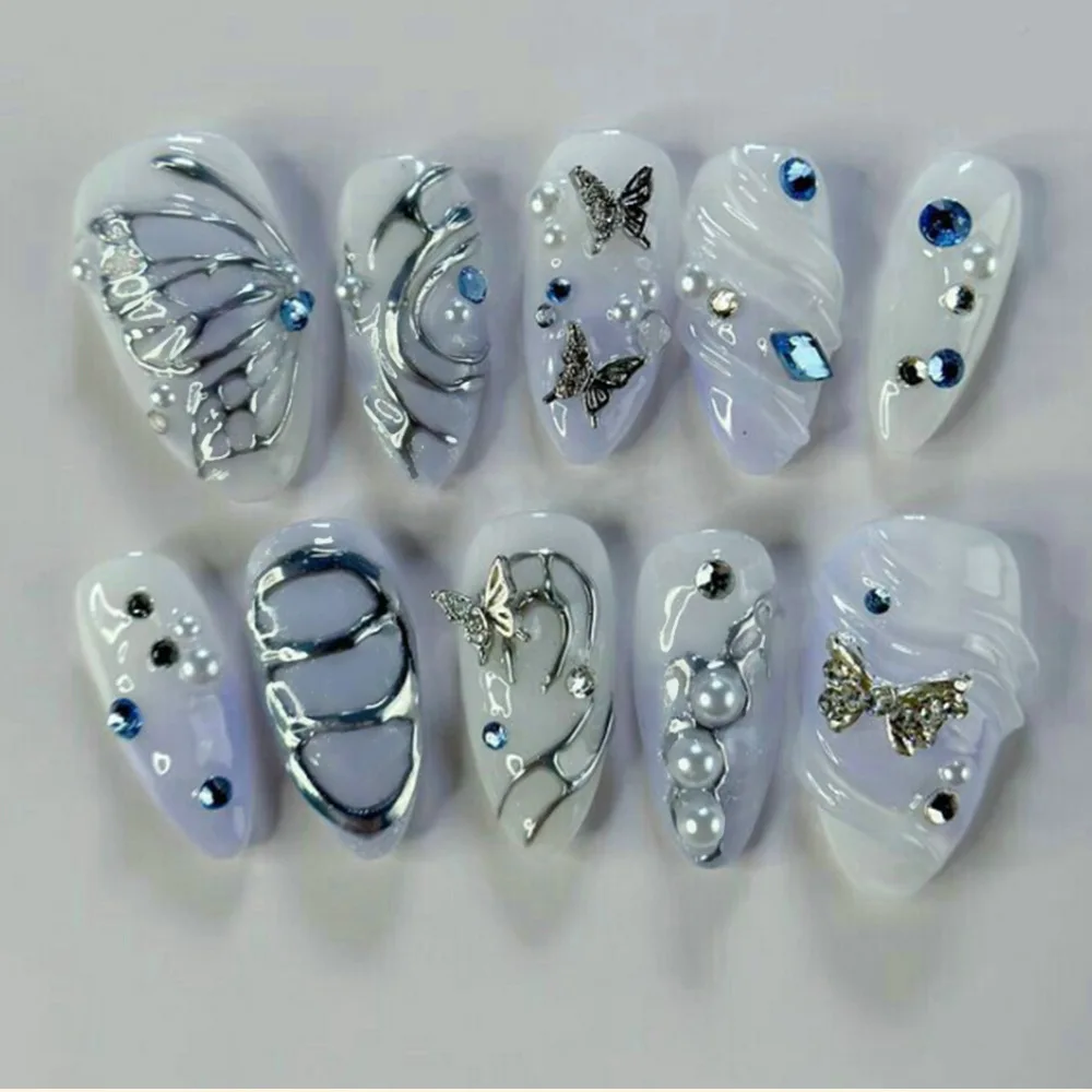 

24pcs Butterfly Almond Press on Nails Detachable Gradient Purple Tips False Nails Pearl Rhinestone Design Round Head Fake Nail