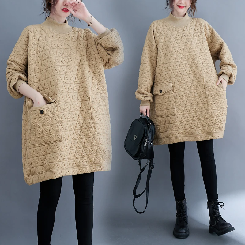 

plus Size Winter Thiened Cotton Sweatirt Dr High Collar Women's Mid-Length Diamond id Pattern Casual Dr