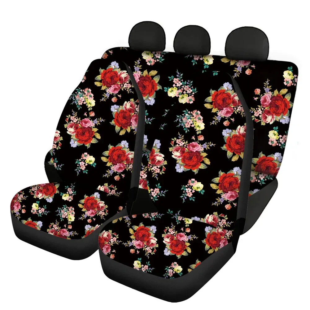 

Red Rose Floral Black Print Front/Back Seat Covers Full Set Universal Automotive Interior Women Accessoiry Voiture