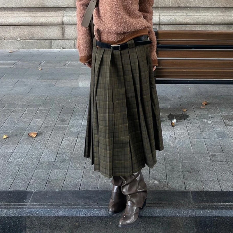 PBAP Fall Trendy Women Plaid Midi Long Skirt Green Tartan High Rise Thick Draped A-line Plaid Pleated Skirt Retro Y2k Streetwear