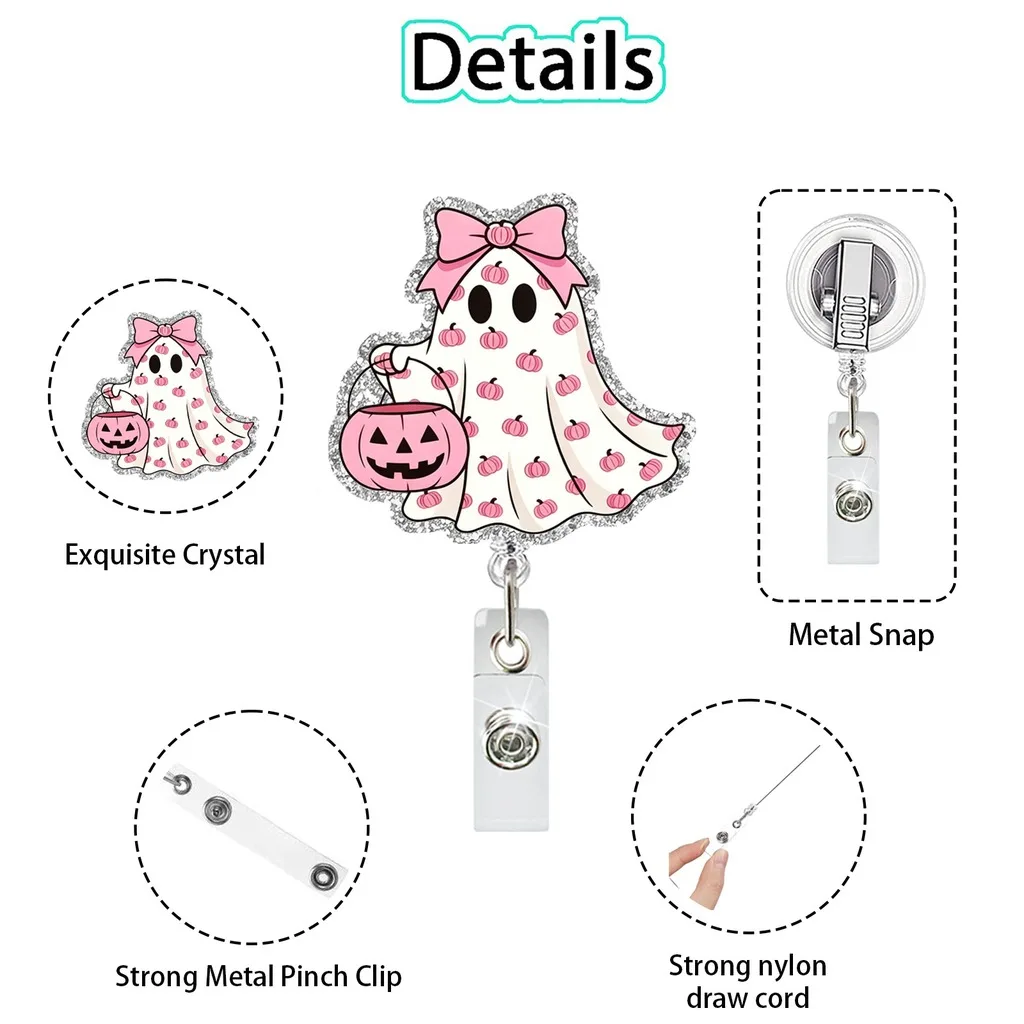 Halloween Cute Bow Ghost Pumpkin Retractable Id Badge Reel Acrylic Glitter Badge Holder For Nurses Office Staff Keychain