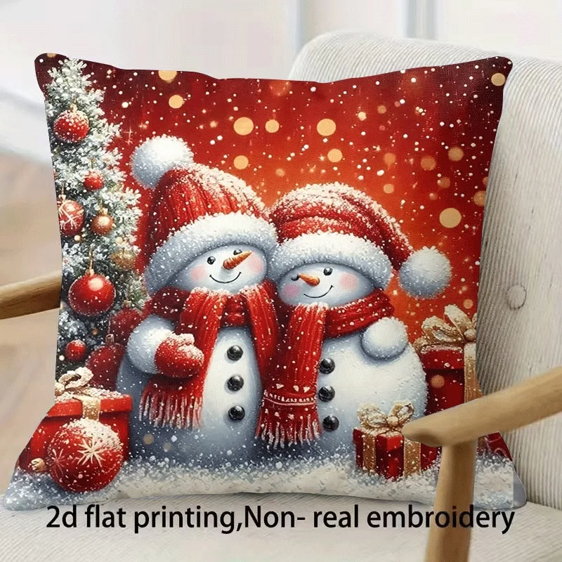 2D Flat Printing 1pc Christmas Couple Snowman Pillowcase, Square Zipper Sofa Cushion Cover, Machine Washable, Multiple Sizes Ava
