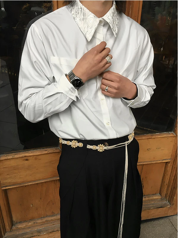 

White Embroidered Floral Collar Men's irt American Sle Cleanfit High-End Design Sense irt Jaet Loose Fit Long Sve