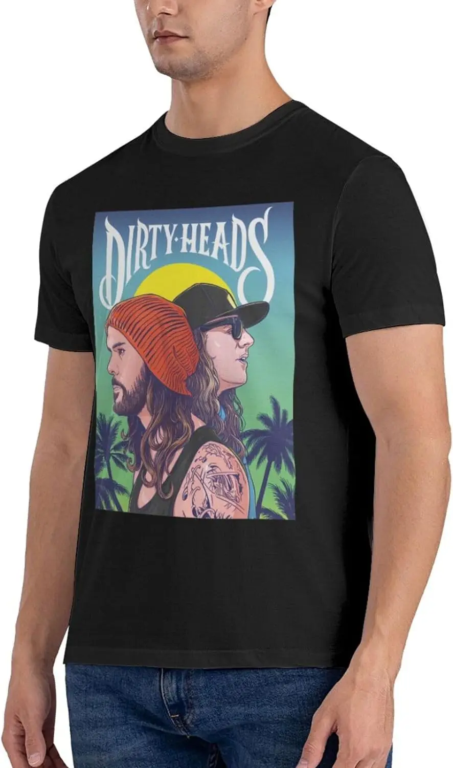 Dirty Band Heads Shirt Men's Double Sided Pattern Printed T-Shirt, Cotton Crew Neck Short Sleeve Tops Black