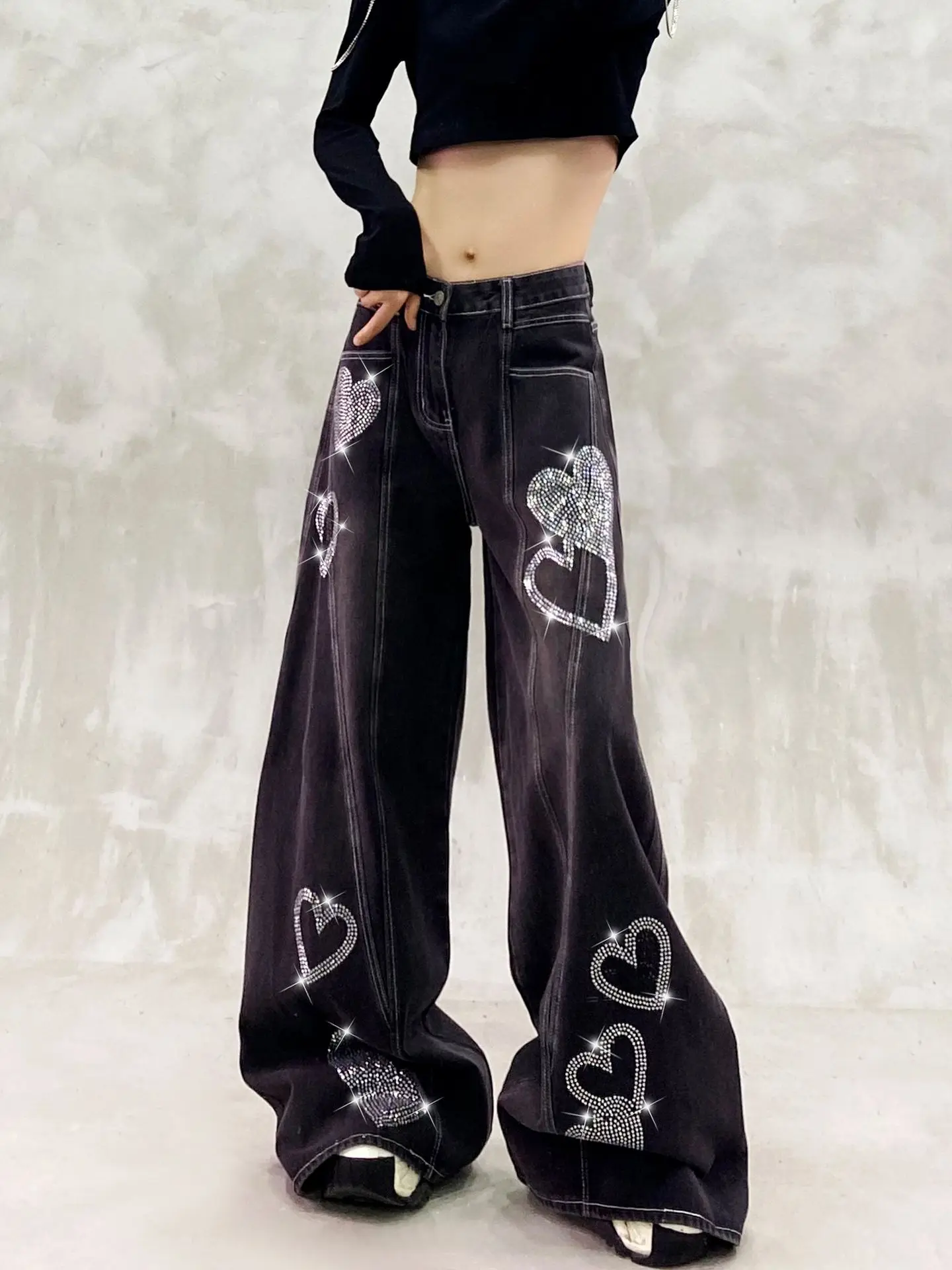 

Shiny Rhinestone Decoration Casual Women's Autumn New High Waisted Loose Fit Slimming Versatile StraightLeg Wide Leg Floor Pants