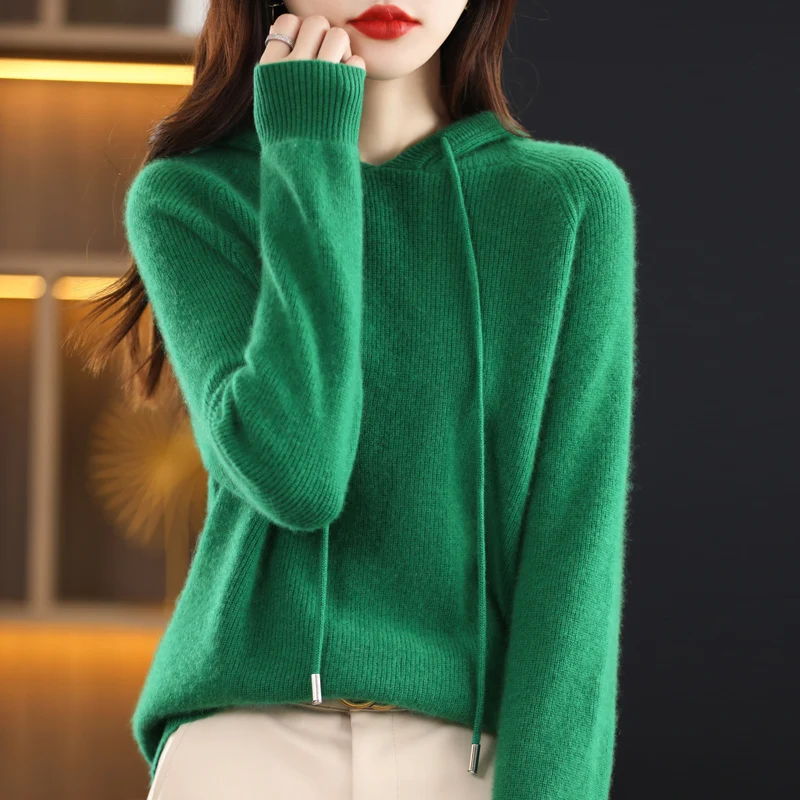 Autumn Winter New Women's Sweater Pure Wool Loose Pullover Long Sleeve Korean Version Of Hooded Knit Hoodie With Laid-Back Style