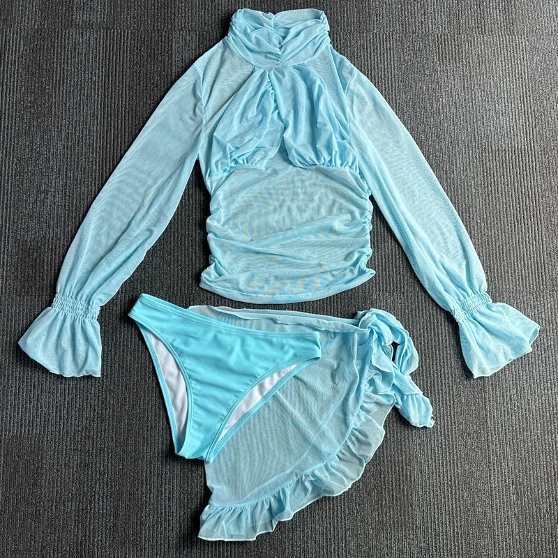 3 Pieces Micro Bikini Cover Up 2026 Sexy Solid Swimsuit Women Push Up Swimwear Biquini Female Bodysuit Bathing Suit Sarong Skirt