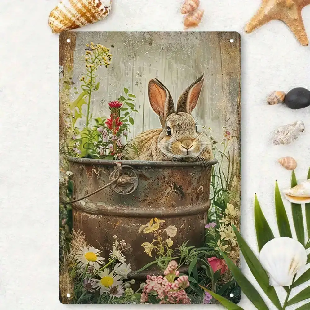 

1PC Vintage Rabbit in Flower Pot Tin Sign - Rustic Farmhouse Decor for Living Room & Garden 8x12In/20x30Cm