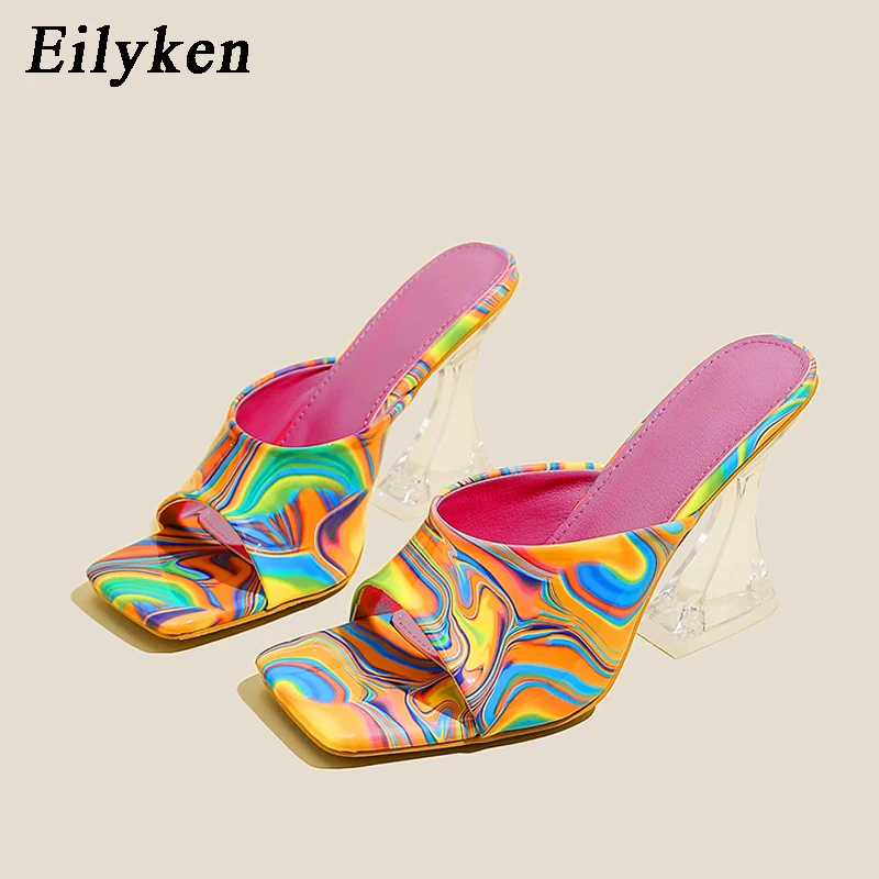 Eilyken Camouflage Transparent Strange High Heels Woman Slippers Sandals Square Toe Mules Lady Pumps Slides Size 35-42