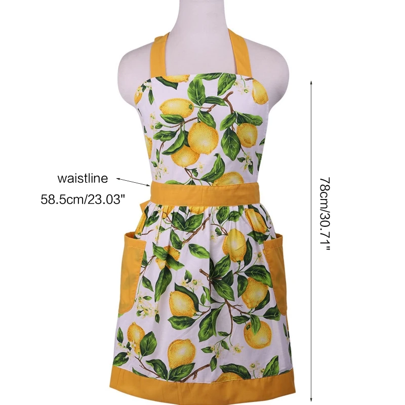 Green Leaves Lemon Kitchen Apron with Pockets No Sleeve Hanging Neck Waist Strap for Adults Women Cooking Painting Gardening Bib