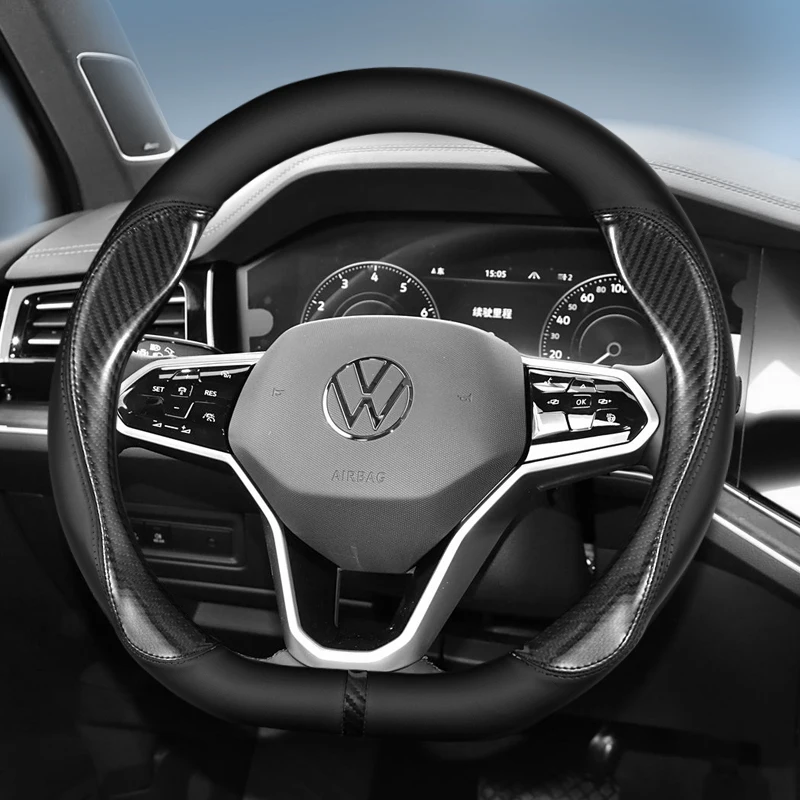 

For VW Golf 5 6 7 Polo 2014-2024 Jetta 6 2017-2024 Santana 2016-2022, Breathable Carbon fiber Leather Car Steering Wheel Cover