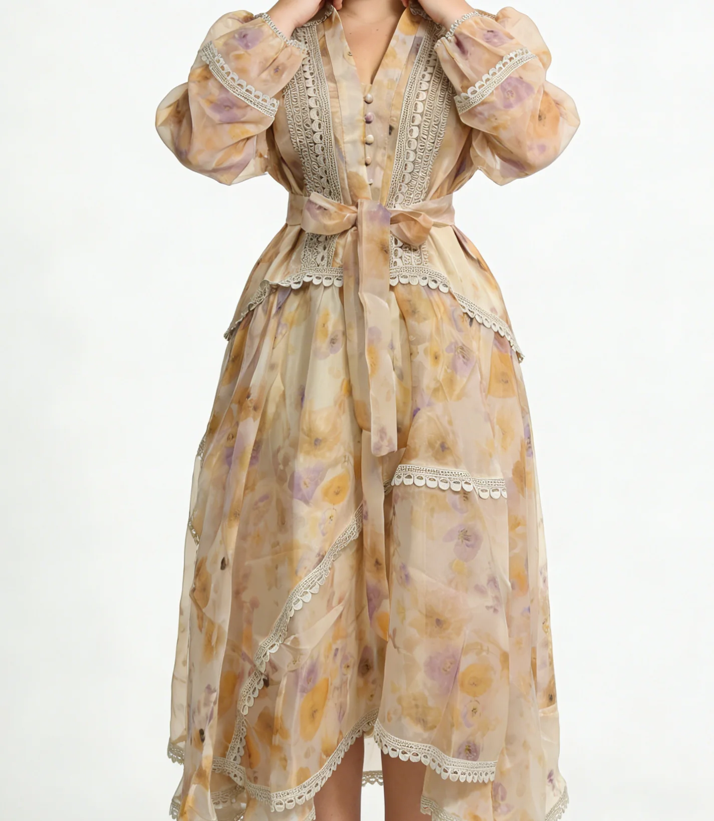 

Летнее женское платье 2026 с кружевной отделкой, V-образным вырезом, рукавами-фонариками, цветочным принтом и плиссированной юбкой макси - GZXX039