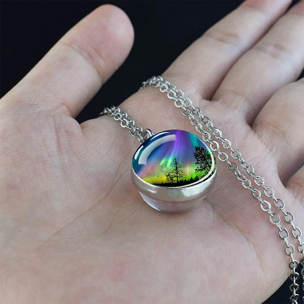 Aurora Borealis Necklaces Polar Light Life Tree Two Sided Pattern Glass Ball Pendant Chains Necklace for Women Men Jewelry Gift