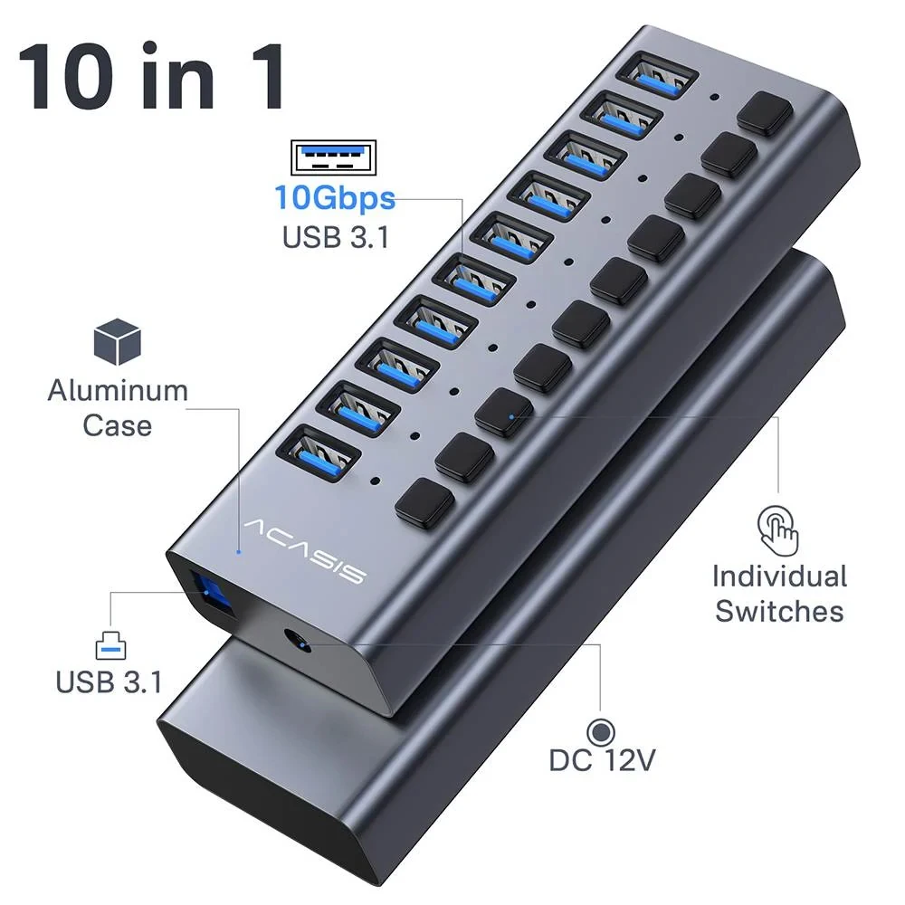 ACASIS 10 Port USB Hub 10Gbps USB Splitter Aluminum Alloy Individual Switches Indicator Light For Laptop PC Desktop Workstation