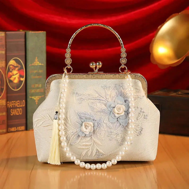 Wedding Bags Beading Top Handle Bag Embroidery Flowers Bags Vintage Women's Handbags Women Shoulder Crossbody Bag Chain Strap