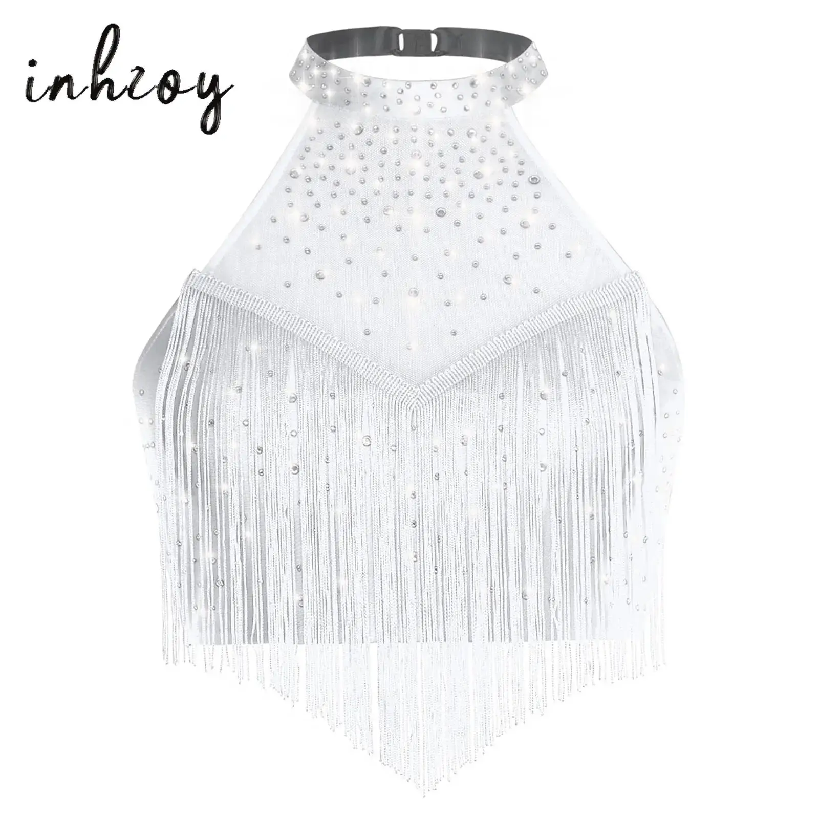

Womens Shimmery Rhinestone Dance Competition Performance Costume Halter Sheer Mesh Crop Tops for Salsa Samba Belly Dancing Party