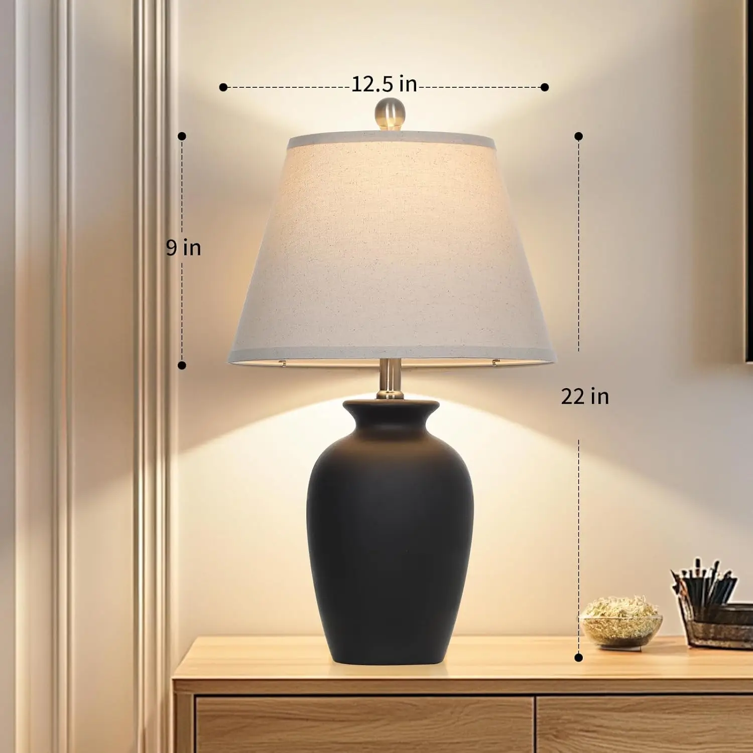 Lampada da tavolo da fattoria in ceramica nera da 22' con design in barattolo di zenzero - per soggiorno, camera da letto, ufficio, comodino