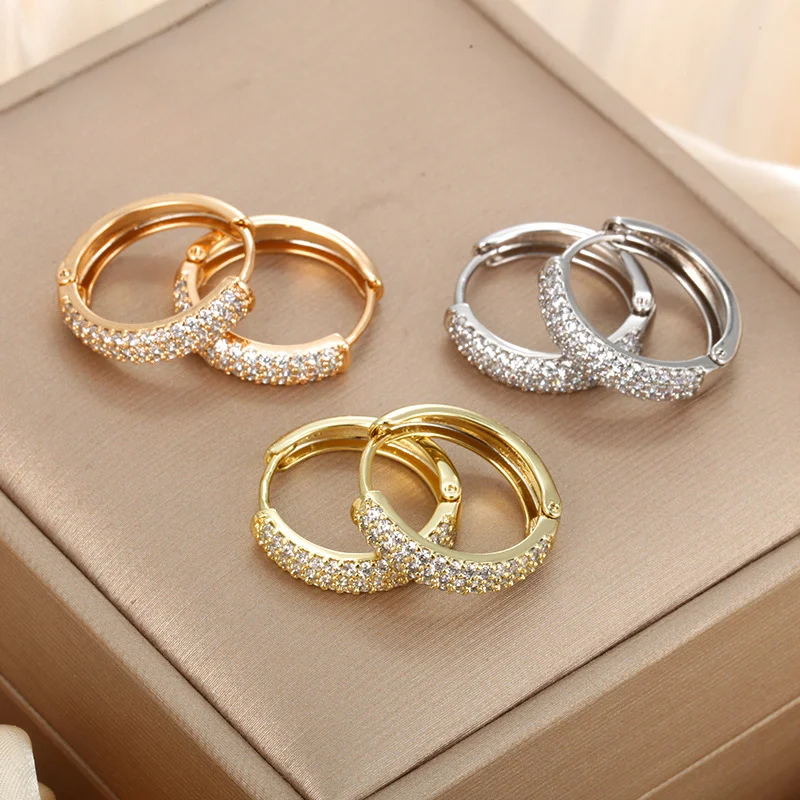 

Jewelry ins wind three-row diamond wide-faced ear buckle retro high-end earrings ring women