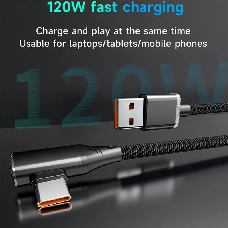 120W Fast Charging Type C Cable 90 Degrees Elbow Cable USB C Cable for Game for Samsung Xiaomi Redmi Honor Phone Charger Cable