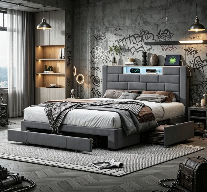 Cama Tapizada Fangange de 140 x 200 cm, con Luz LED y Puerto de Carga USB, Base de Cama con Cajones de Almacenamiento para Dormitorio, Gris, Terciopelo