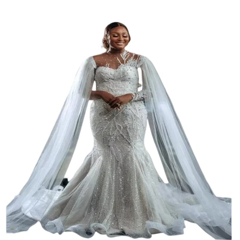 Customized Plus Size Sequins Mermaid Wedding Dress 2023 Luxury Chapel Train Vestidos Noivas Long Sleeves Bridal Gowns Fly Cape