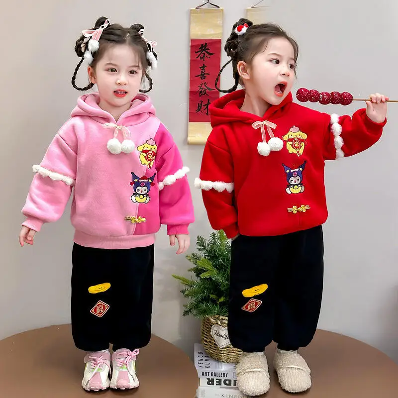 

Толстые теплые толстовки Kawaii для девочек, 2 шт., зима 2025, новинка, модный детский комплект с капюшоном в стиле аниме, удобная повседневная одежда